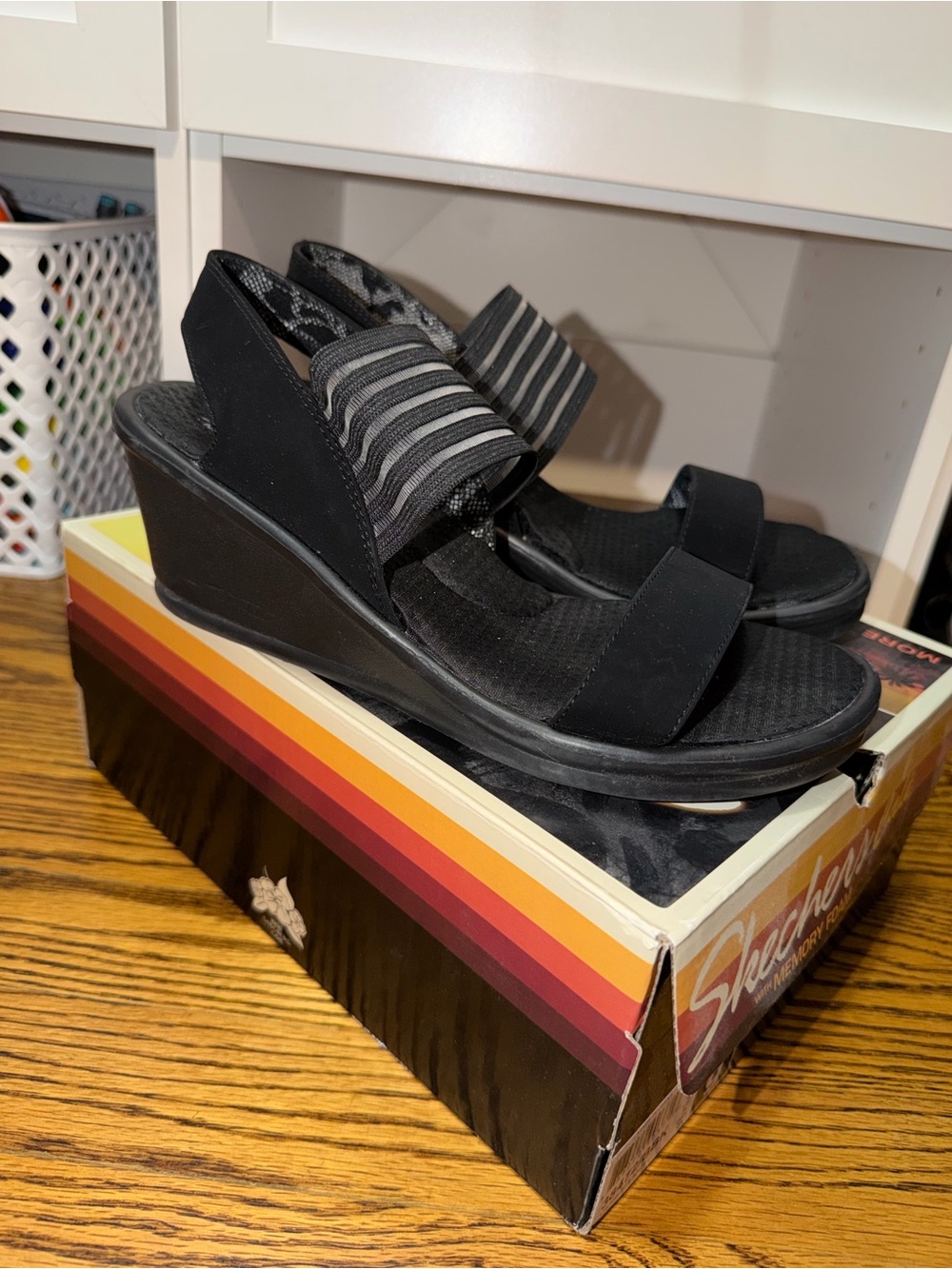 Skechers Women's Black Slip-On Wedge Sandals with Striped Elastic Strap